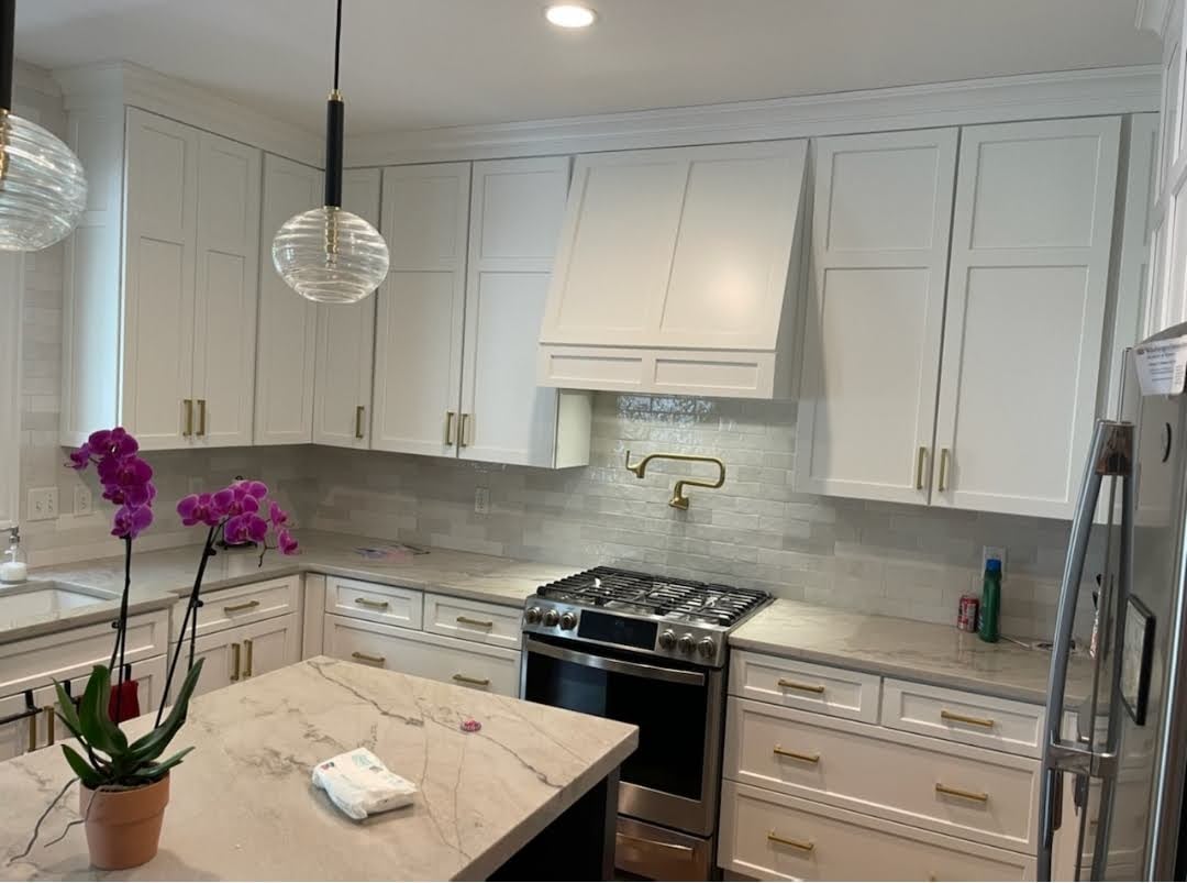 Stacked Crown Molding, extra tall wall cabinets and Range hood